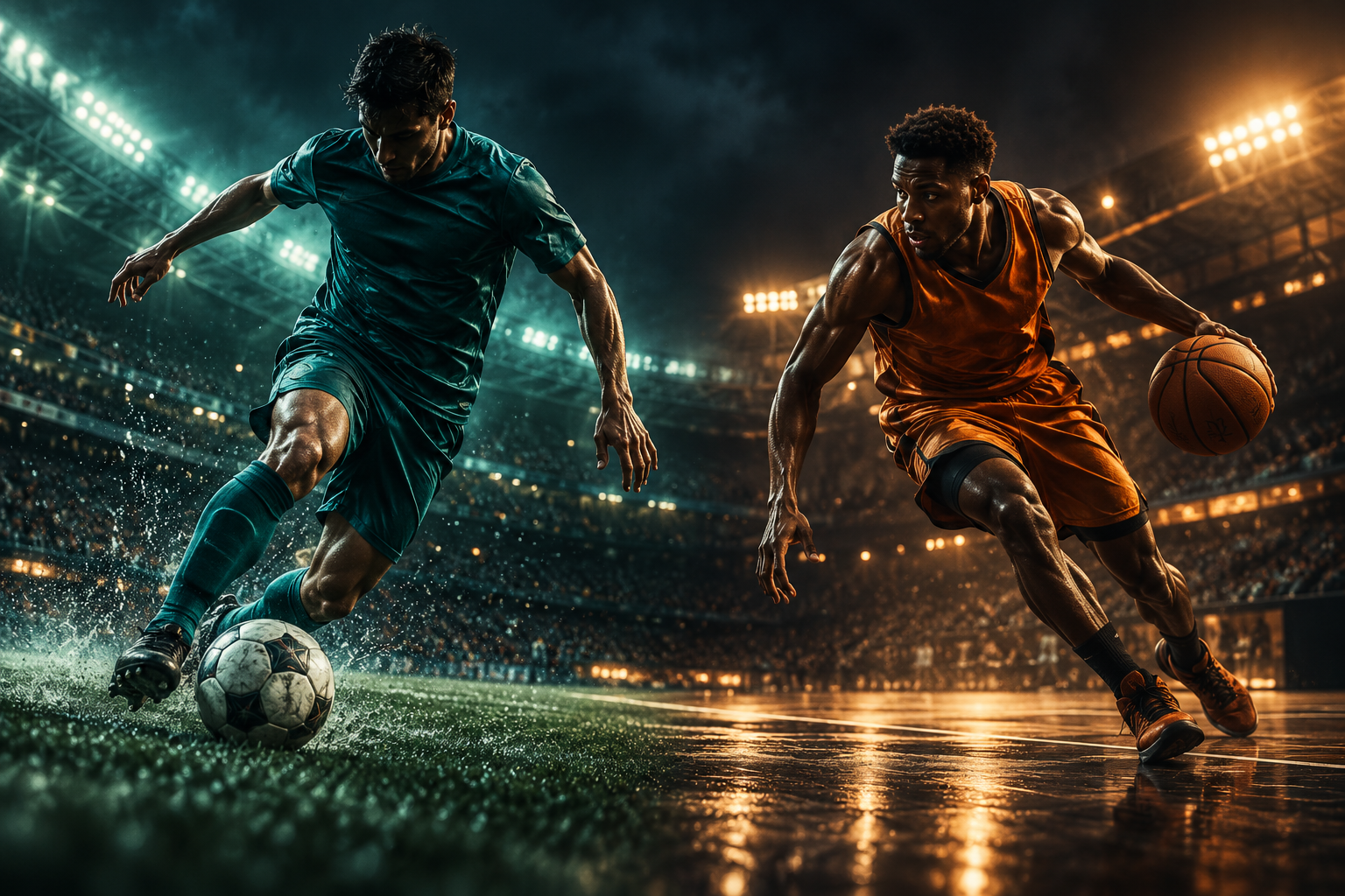 Football and basketball athletes in action under stadium lights